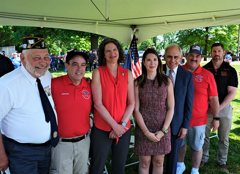 The honored speakers who shared their feelings about Memorial Day. Pictured (l. – r.) Tom Schroeder, Scott Corcoran, Jen Metzger, Michelle Hinchey, Jonathan Jacobson, Tom Corcoran and Michael Rydell.